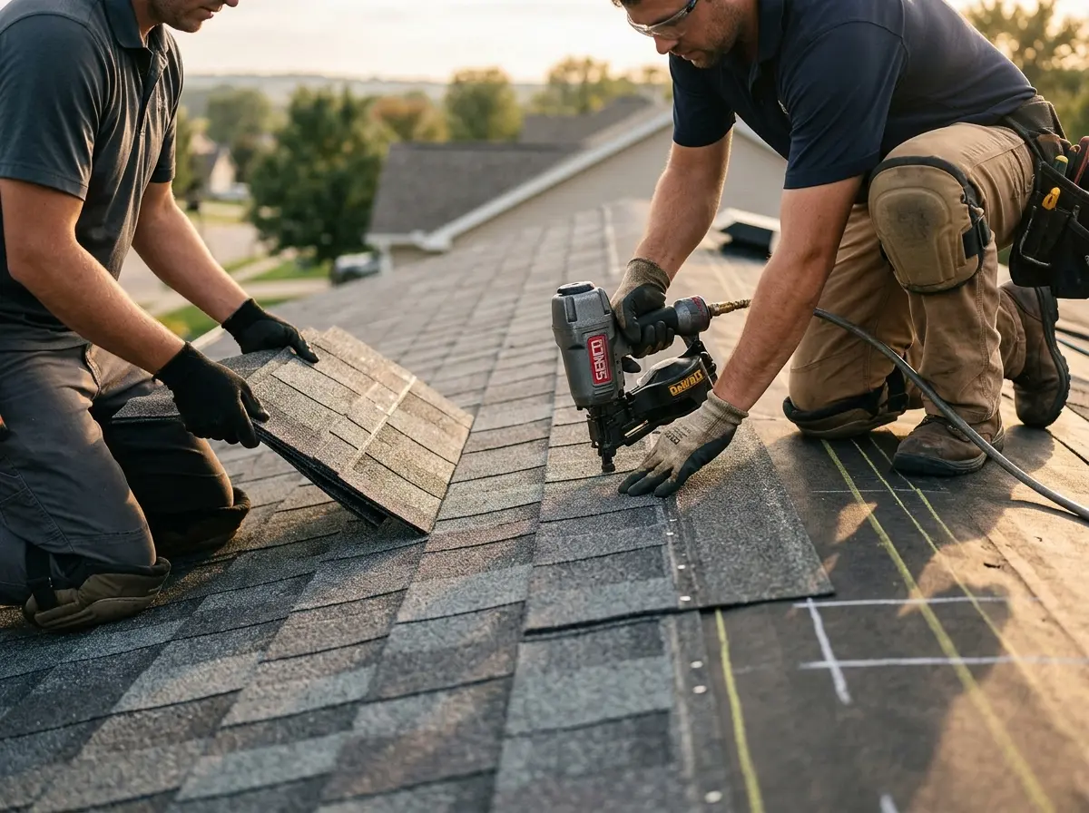 Professional roofer working on a residential roof in Rendon